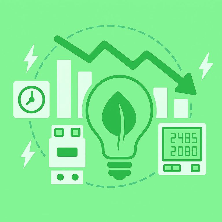 magen vectorial que muestra una bombilla con hoja, gráfica de consumo descendente, reloj temporizador, medidor de energía y rayos, para simbolizar ahorro y eficiencia energética.