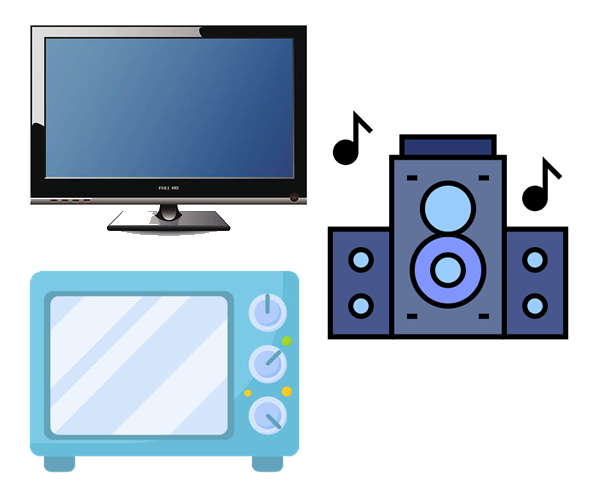 Televisor Full HD, microondas retro azul y sistema de altavoces, ilustración de dispositivos electrónicos para hogar y entretenimiento