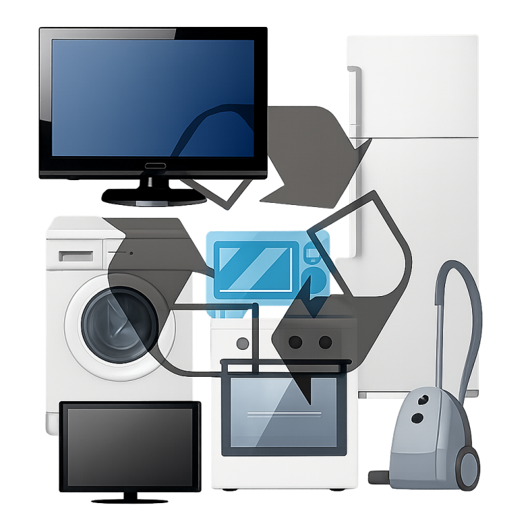 Imagen con lavadora, frigorífico, microondas, TV, aspiradora y horno con un icono de reciclaje en primer plano, simbolizando diagnóstico, reparación y gestión para dar segunda vida a los equipos.
