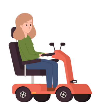 Persona usando scooter eléctrico de movilidad con asiento ergonómico y cuatro ruedas, ideal para desplazamientos urbanos accesibles