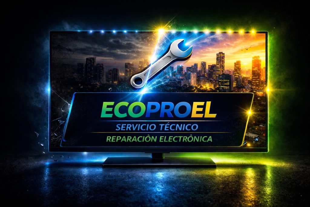 Televisor con efecto antes y después de reparación LED: pantalla oscura a la izquierda y brillante a la derecha, con herramienta de reparación y mensaje de servicio técnico electrónico.