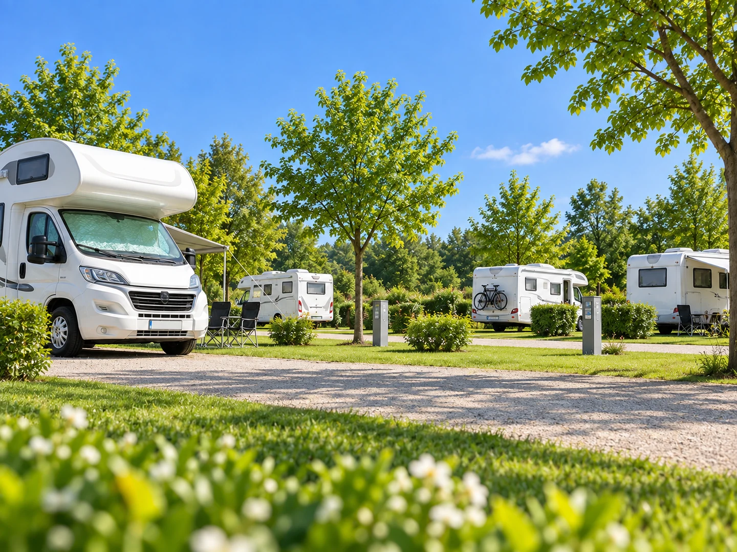 Área de autocaravanas ajardinada con parcelas ordenadas y puntos de servicio.