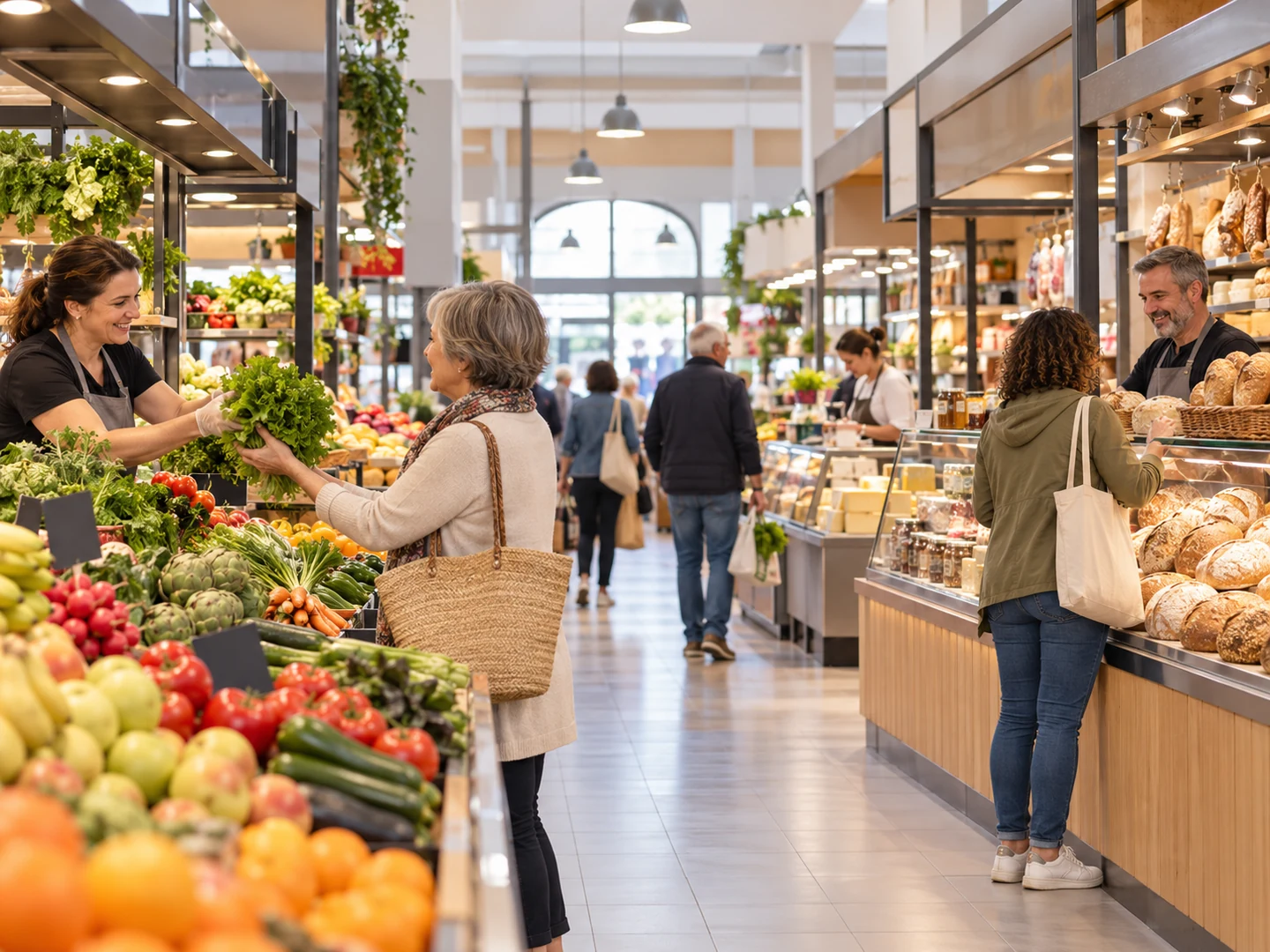 Interior de un mercado municipal con puestos de alimentación y público.