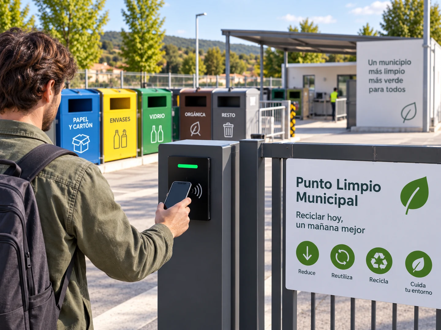Usuario identificándose con el móvil en la entrada de un punto limpio municipal con contenedores de reciclaje separados.