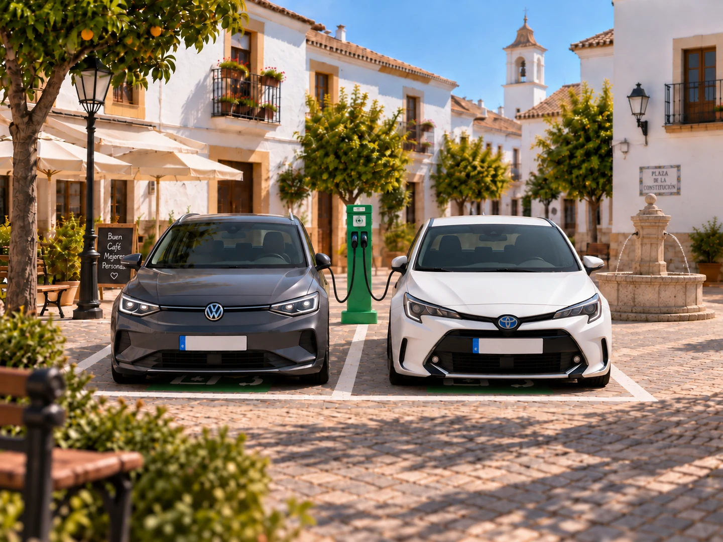 Dos vehículos eléctricos recargando en una plaza urbana de aspecto andaluz, con un cargador central.